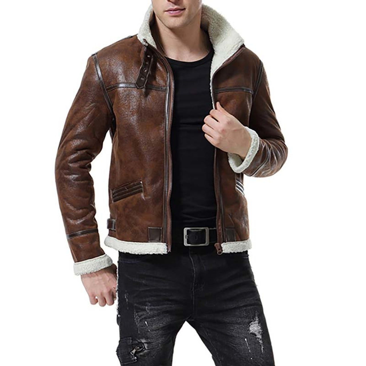 Heren Kunstleren Winterjas | Imitatiebont Voering | Shearling Aviator Style