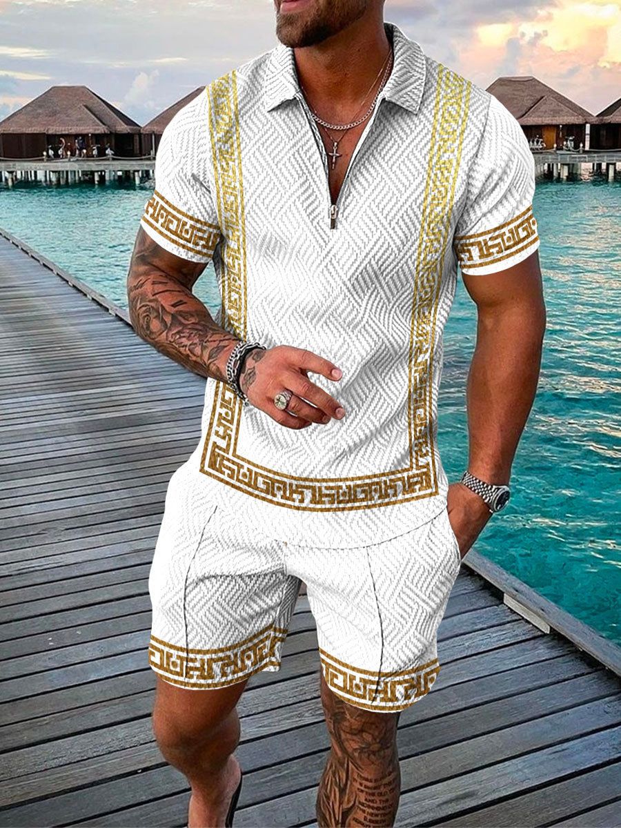 Versace-Inspired Co-ord Set voor Heren | Barokprint Polo & Shorts | Luxe Resortwear met Gouden Accenten