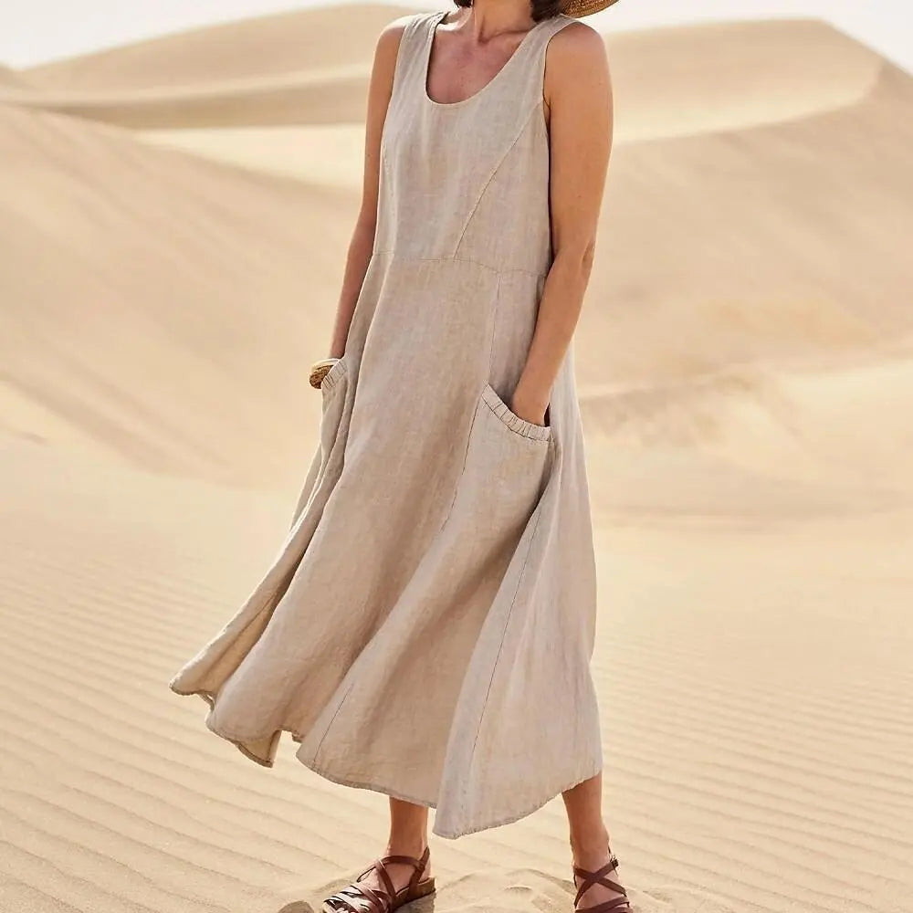 Oasis Maxi Dress | Mouwloos & Luchtig | Zandkleurige Elegantie