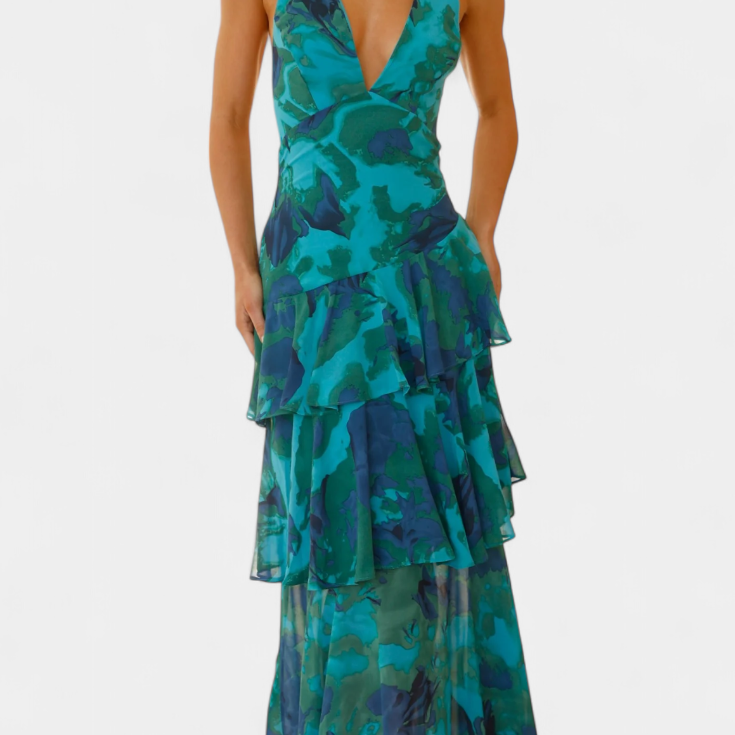 Riviera Ruffle Dress | Gelaagde Volants | Tropische Print & Diepe Halslijn