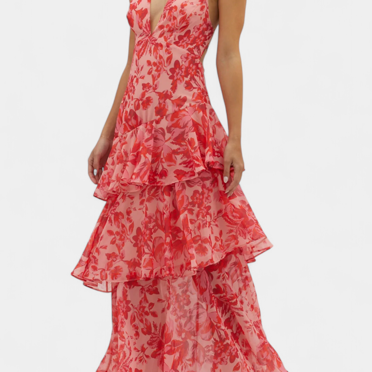 Riviera Ruffle Dress | Gelaagde Volants | Tropische Print & Diepe Halslijn