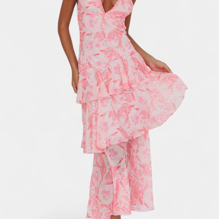 Riviera Ruffle Dress | Gelaagde Volants | Tropische Print & Diepe Halslijn