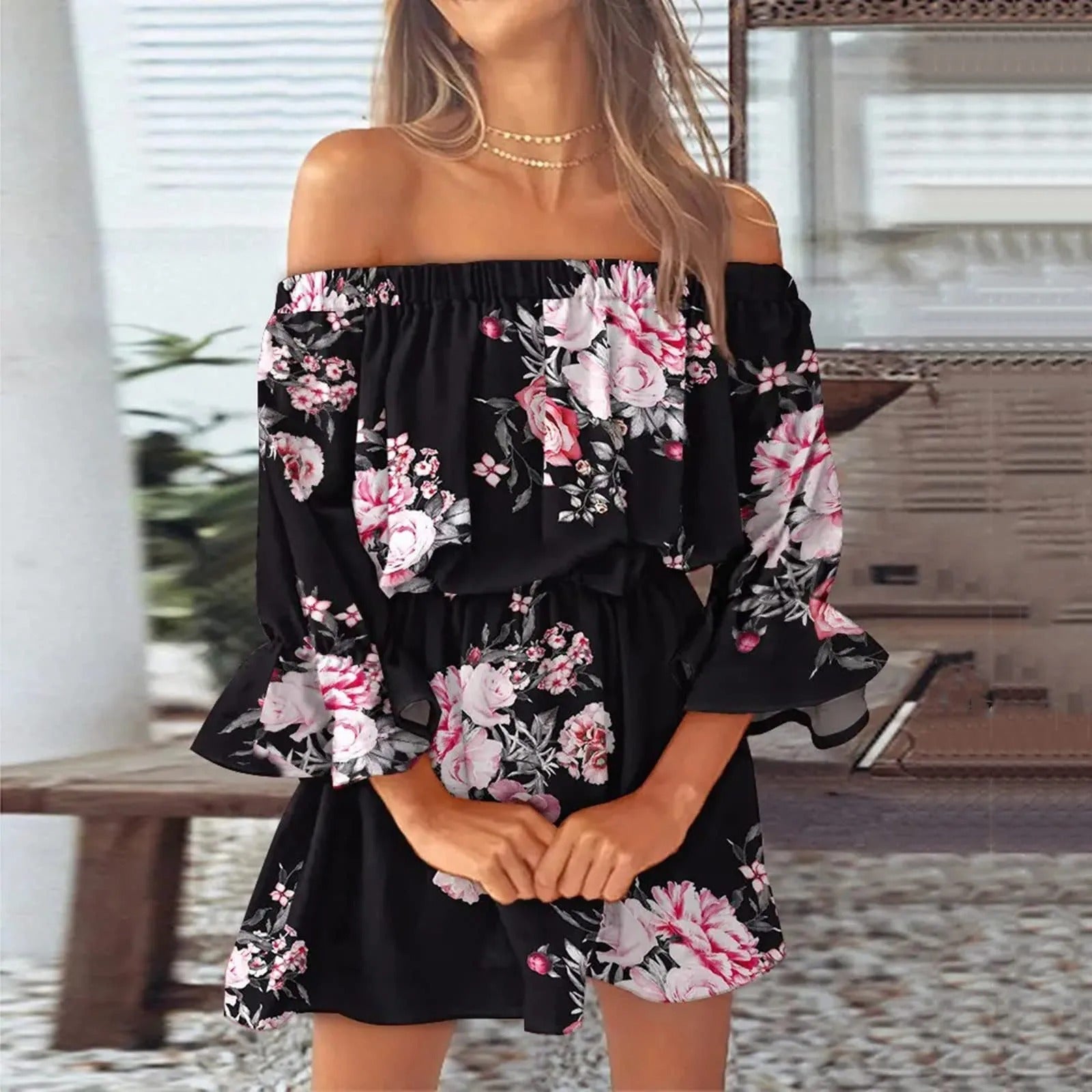 Luna Dress | Off-Shoulder Mini | Speelse Bloemenprint