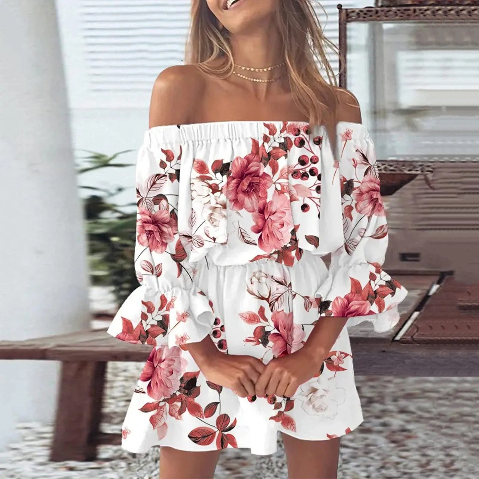 Luna Dress | Off-Shoulder Mini | Speelse Bloemenprint