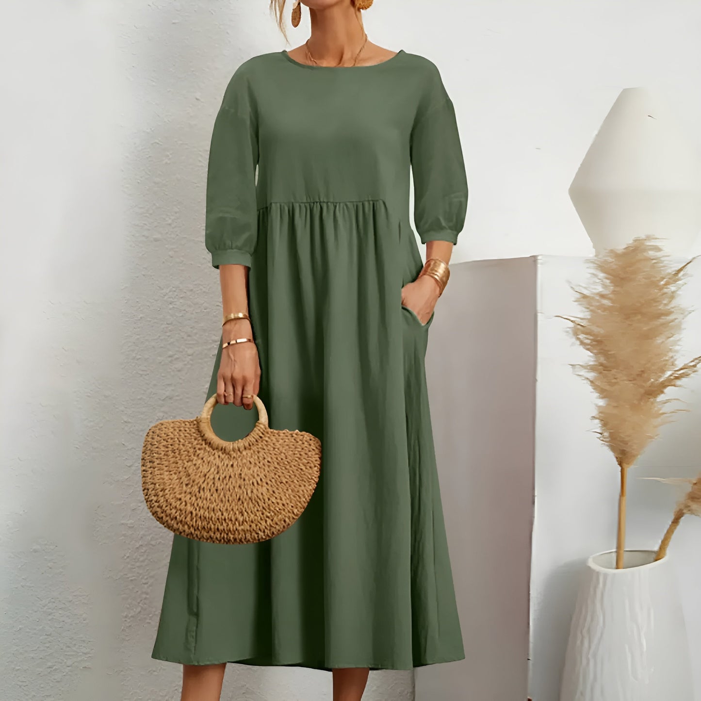 Terra Midi Jurk | Effen Kleur & Driekwart Mouw | Comfortabele Elegantie