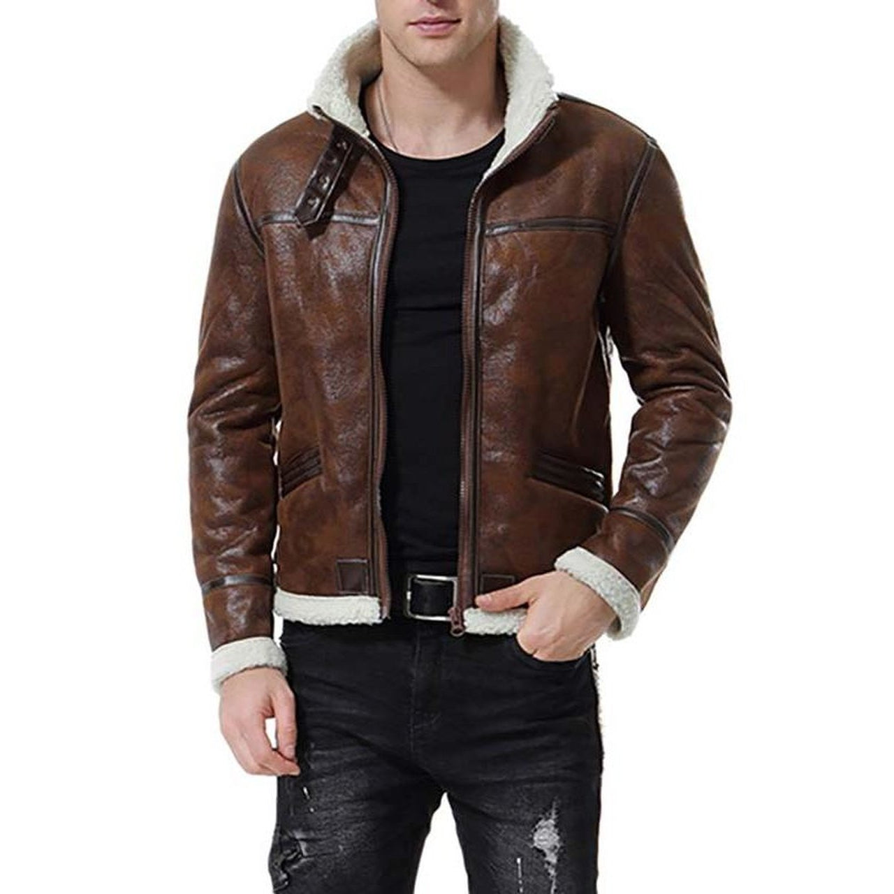 Heren Kunstleren Winterjas | Imitatiebont Voering | Shearling Aviator Style