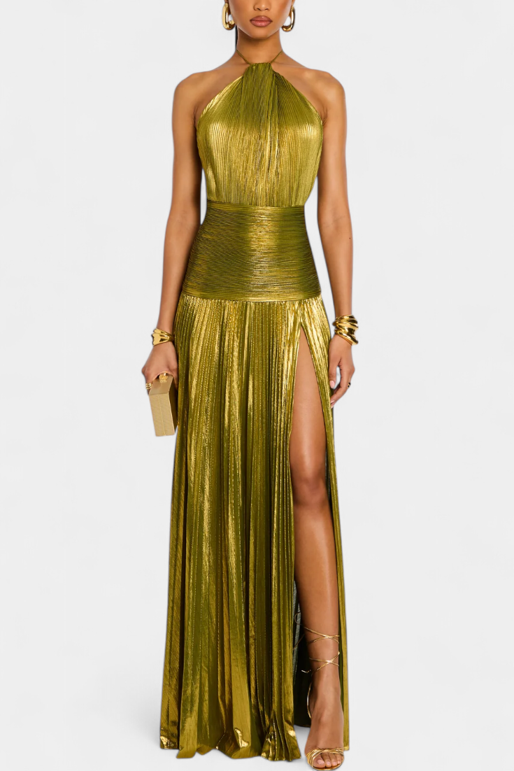 Golden Hour Gown | Metallic Plissé | Halter & Hoge Split