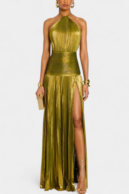 Golden Hour Gown | Metallic Plissé | Halter & Hoge Split