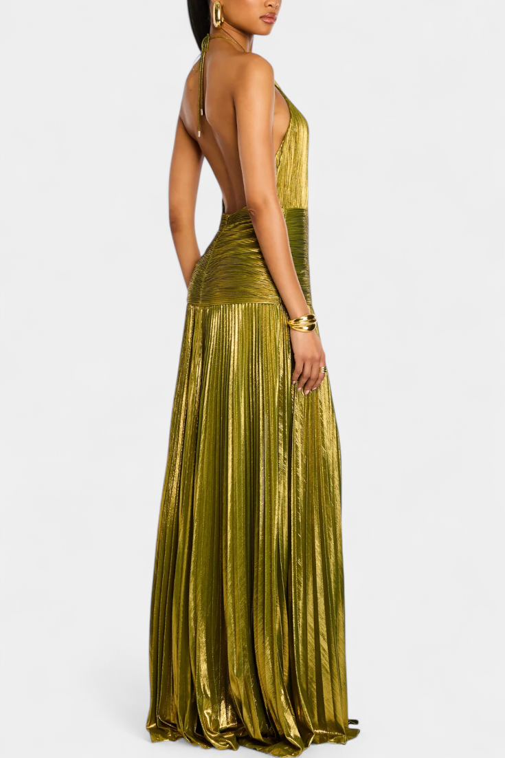 Golden Hour Gown | Metallic Plissé | Halter & Hoge Split