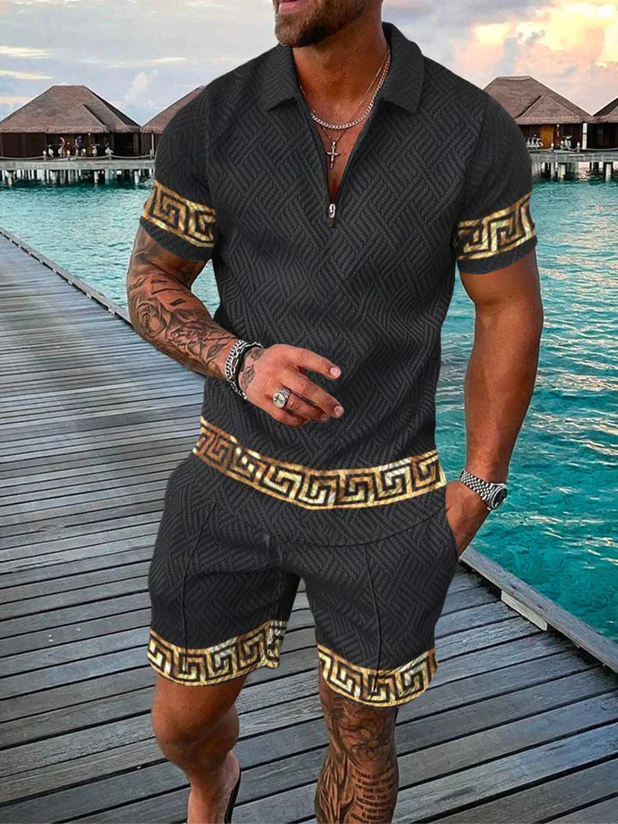 Versace-Inspired Co-ord Set voor Heren | Barokprint Polo & Shorts | Luxe Resortwear met Gouden Accenten
