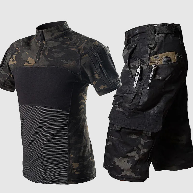 Tactische Combat Set voor Heren | Camouflage Shirt & Cargo Shorts | Outdoor & Training Gear