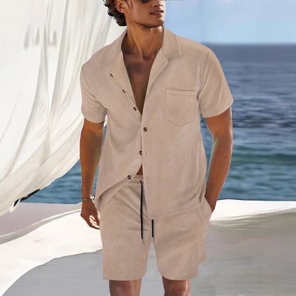 Heren Linnenlook Set | Korte Mouwen Shirt & Shorts | Strandklare Co-ord in Natuurlijke Tinten
