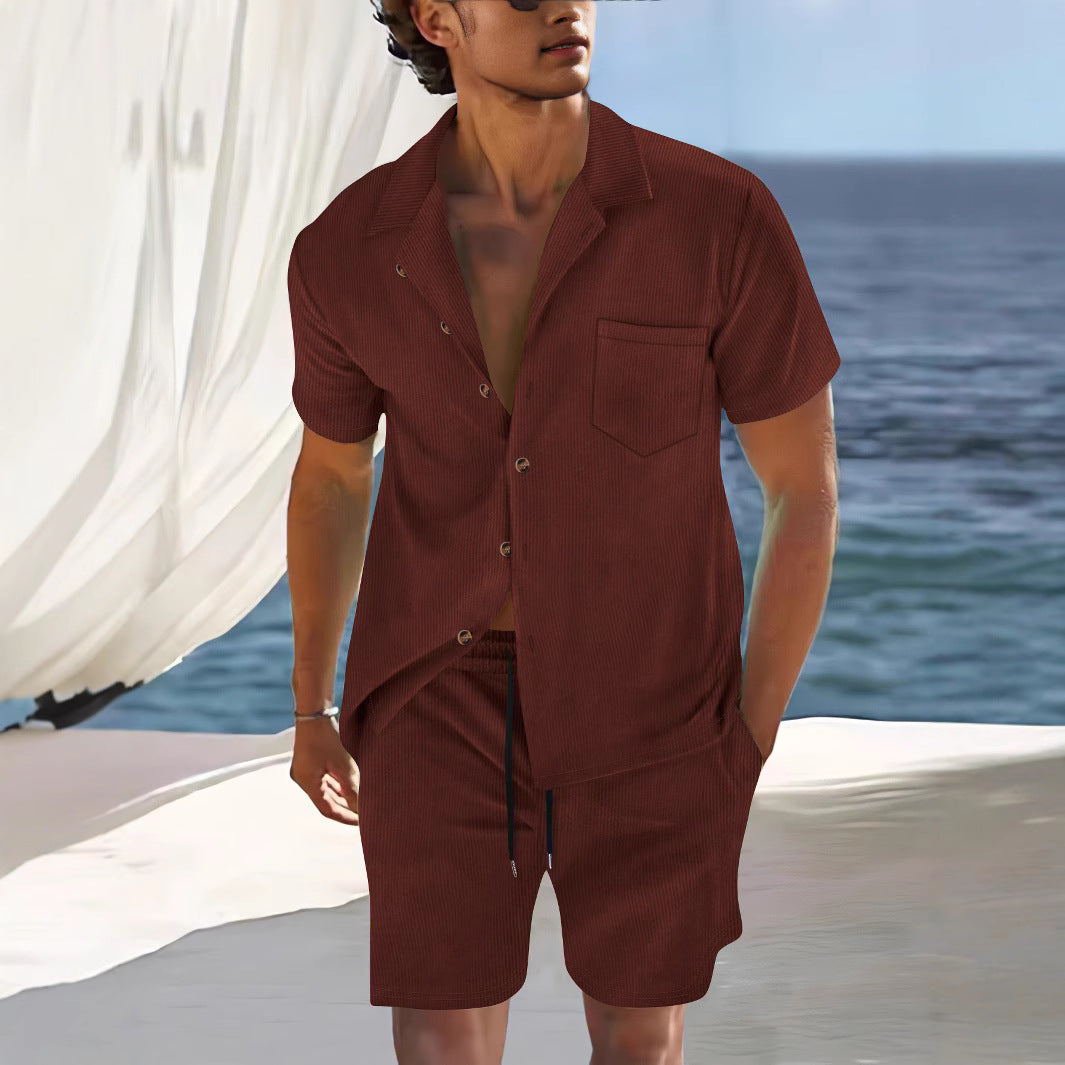 Heren Linnenlook Set | Korte Mouwen Shirt & Shorts | Strandklare Co-ord in Natuurlijke Tinten