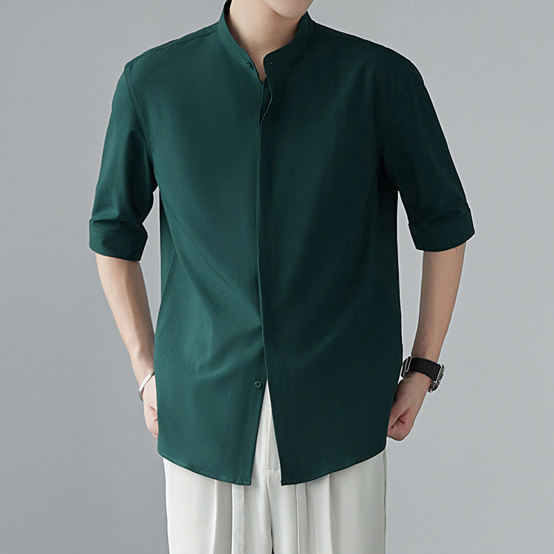 Minimalistisch Heren Shirt met Bandkraag | Halflange Mouw | Japanse Zen-Stijl