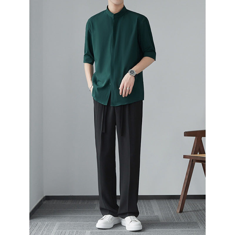Minimalistisch Heren Shirt met Bandkraag | Halflange Mouw | Japanse Zen-Stijl