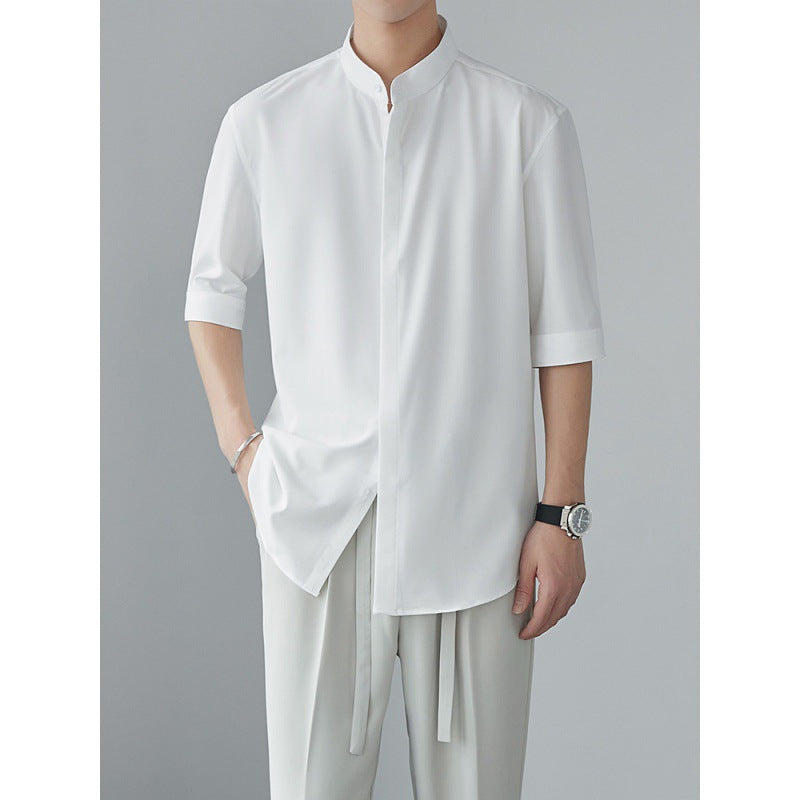 Minimalistisch Heren Shirt met Bandkraag | Halflange Mouw | Japanse Zen-Stijl