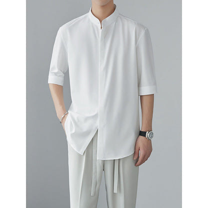 Minimalistisch Heren Shirt met Bandkraag | Halflange Mouw | Japanse Zen-Stijl