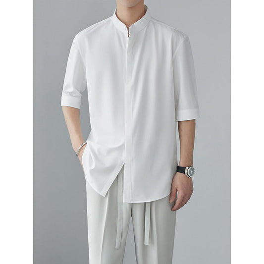 Minimalistisch Heren Shirt met Bandkraag | Halflange Mouw | Japanse Zen-Stijl