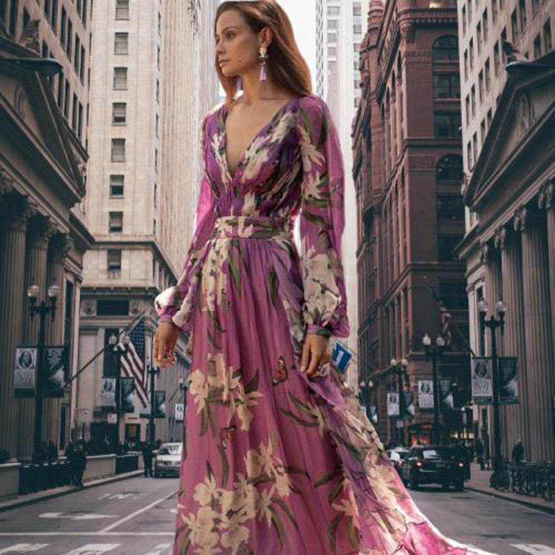 Aurora Jurk | Maxi Lengte | Artistieke Bloemenprint