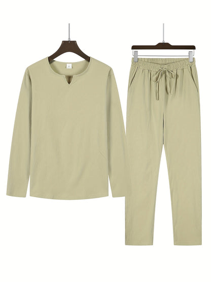 Linnenlook Lounge Set voor Heren | Tuniekstijl Shirt & Relaxed Fit Broek | Zomerse Co-ord Essentials