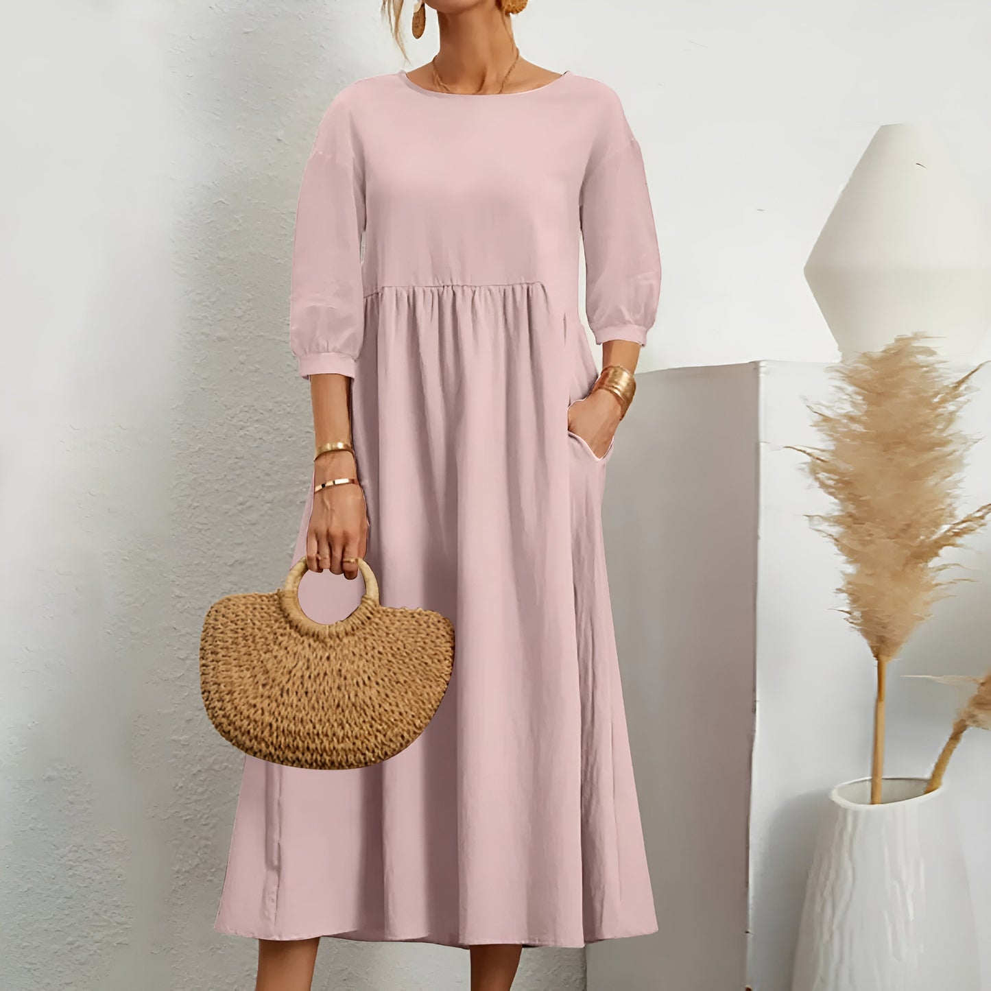 Terra Midi Jurk | Effen Kleur & Driekwart Mouw | Comfortabele Elegantie